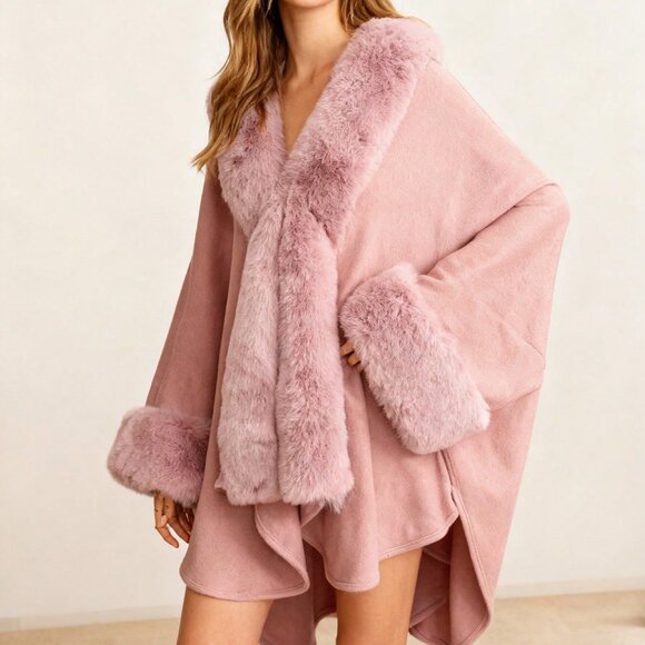 Accessories - Pink Elegant Women's Warm Soft Faux Fur Shawl Poncho